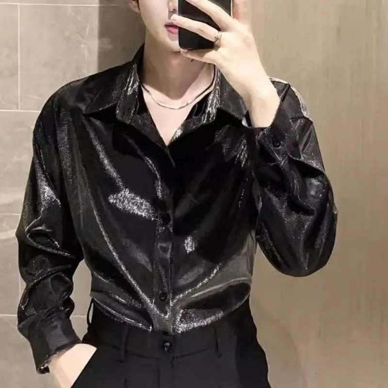 Mens Square Collar Open Collar Button Solid Color Shirt Spring and Autumn Style Exquisite Glitter Long Sleeve Loose Fashion Casual Top 250110