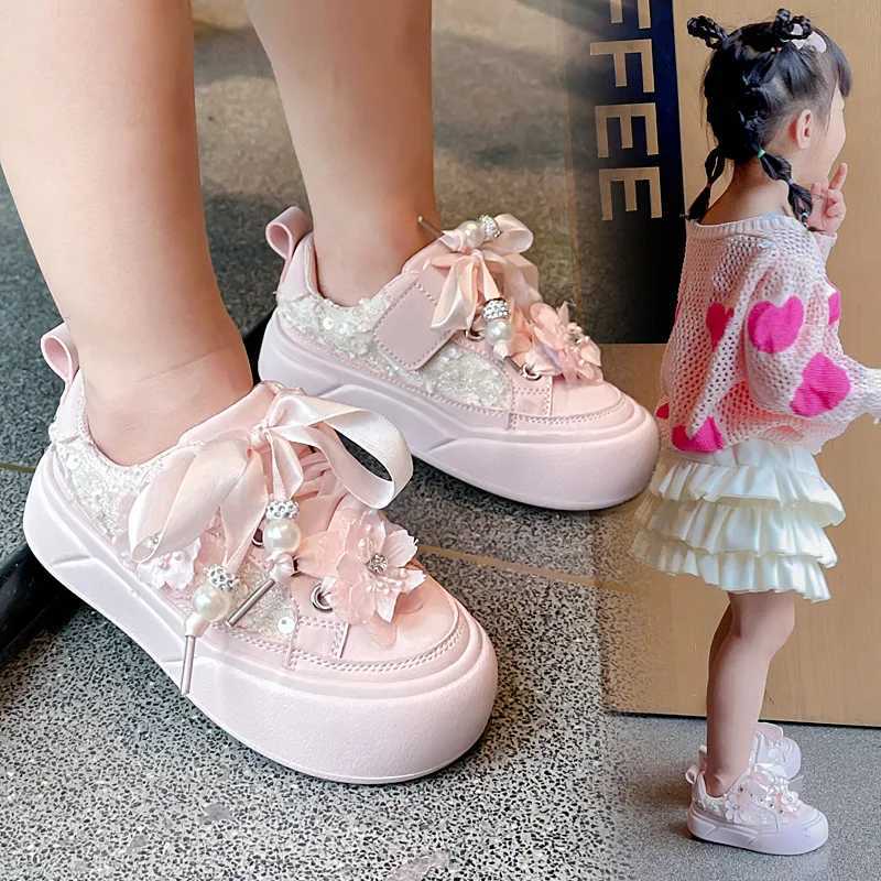 Girl Casual Shoes Chinese Sle Kids Princess Shoe with Sweet Flowers 2024 Autumn New Girls Sports Shoes with Cute Ribbon BowXJ250118