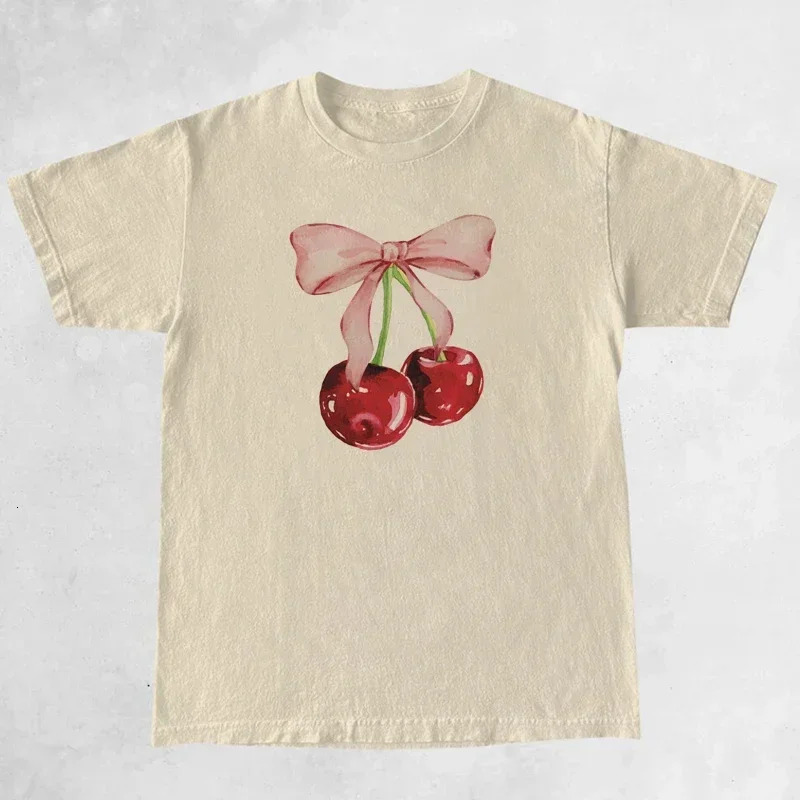 Cherry Bow Printed Womens Vintage T-Shirt Trendy Cute Coquette Tee Shirt Short Sleeve Cottagecore Aesthetic Tops Female Clothes 250109