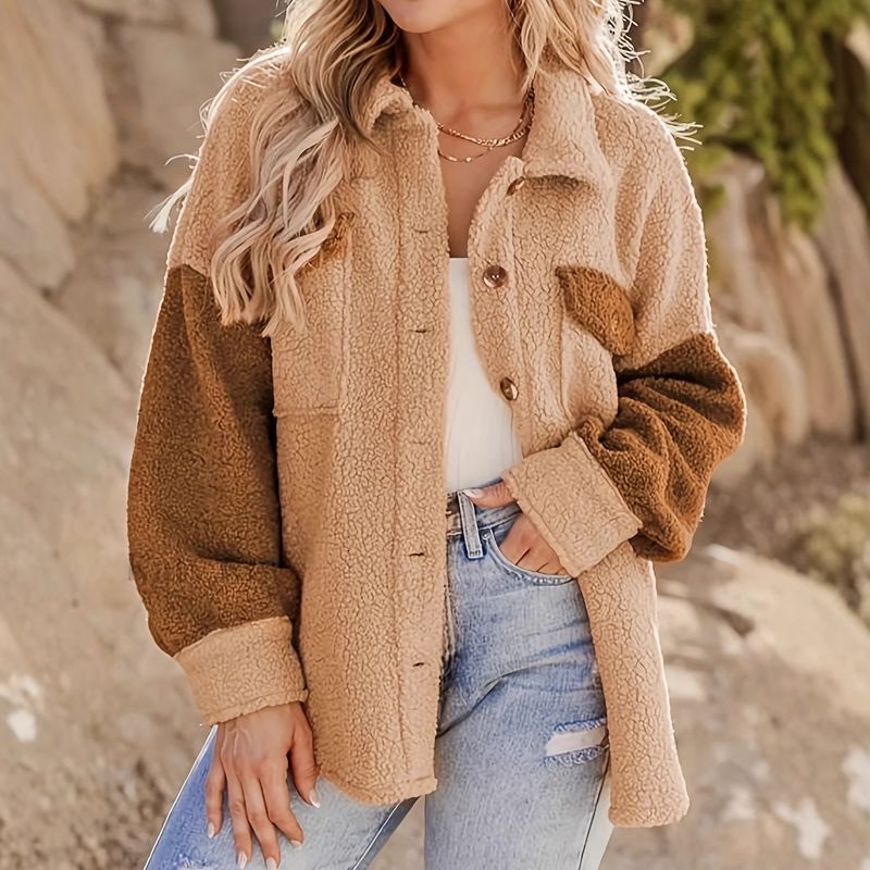 Women's Clothing Autumn And Winter Lamb Wool Coat Camel Contrast Color Style Fashionable Loose