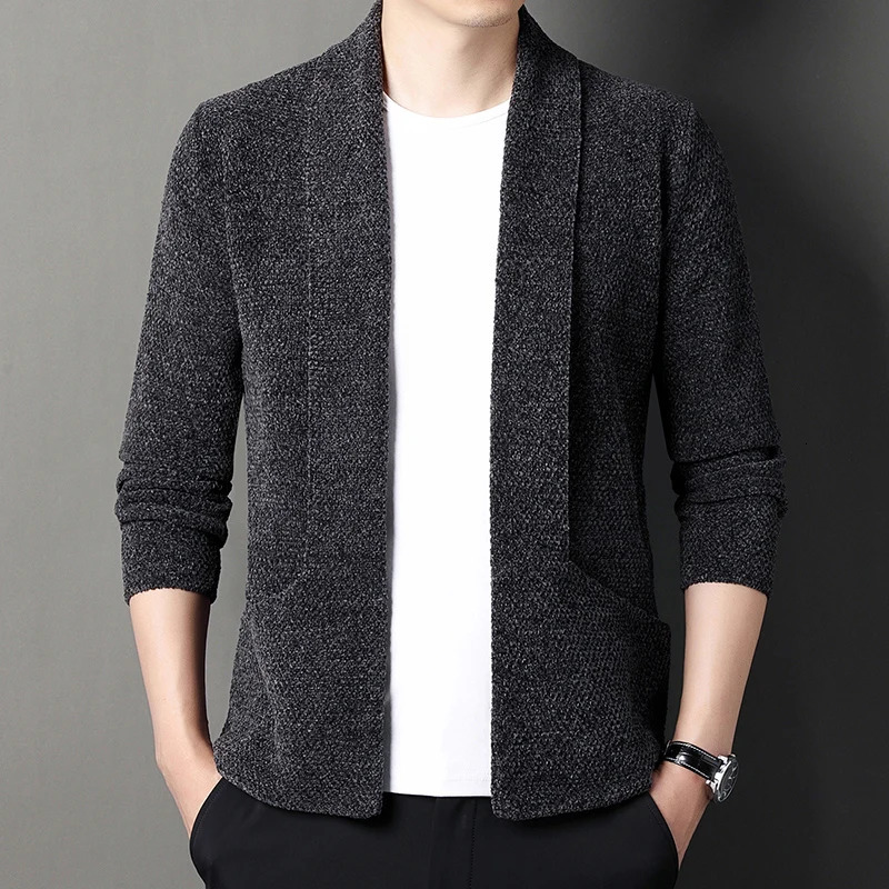 Mens Knitted Cardigan Chenille Lapel Buttonless Solid Color Simple Business Casual Mens Cardigan 250113