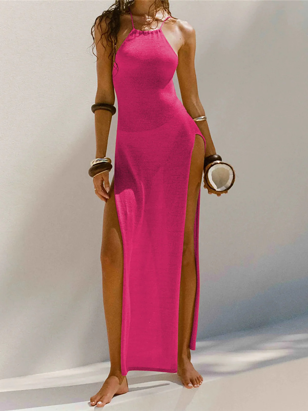 Sexy 12 Colors High Slit Crochet Knitted Tunic Beach Cover Up Cover-ups Beach Dress Beach Wear Beachwear Female Women K5316 250109