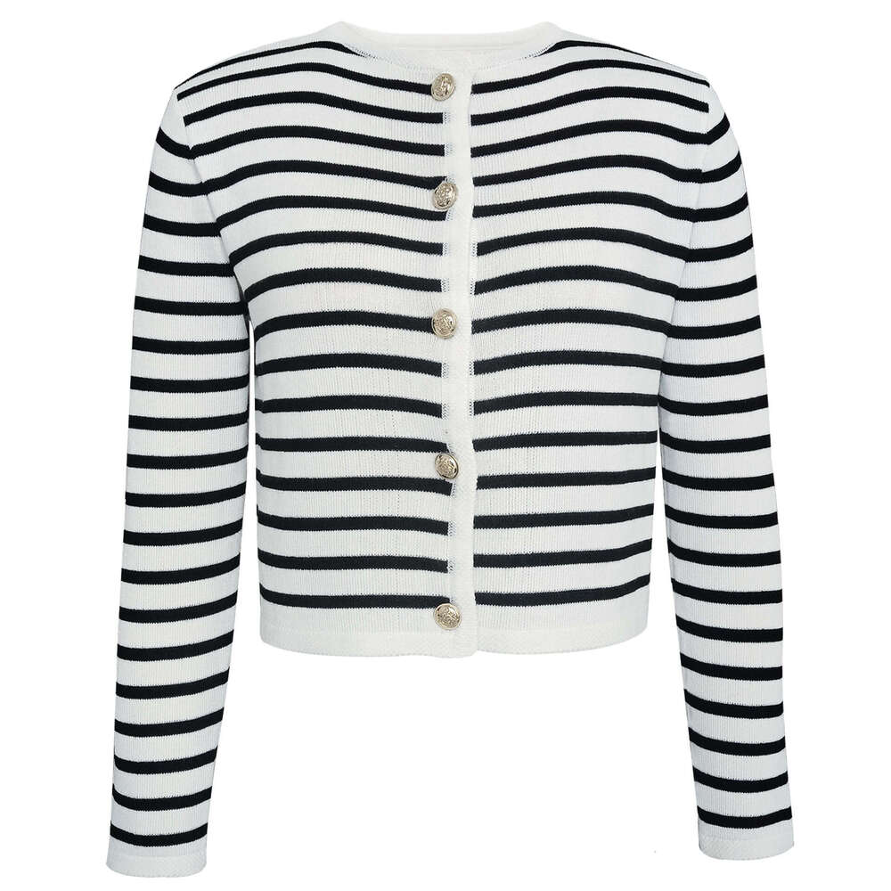 New European and American women's hot selg striped round neck knitted cardigan fashionable sweater 2025 new casual fashion trend clothing
