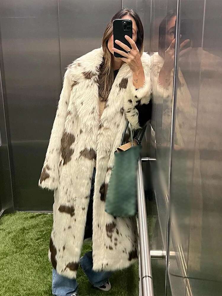 Vintage Thick Faux Fur Cow Pattern Coats Women Casual Loose Lapel Single-Breasted Long Coat Lady Winter Elegant Street Outwear