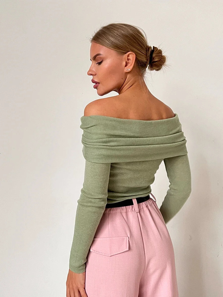 Bornladies Women Knitted Wool T-shirt Slim Fit Long Sleeve Autumn Winter Chic Off Shoulder Basic Sweater Streetwear Pullovers 250107