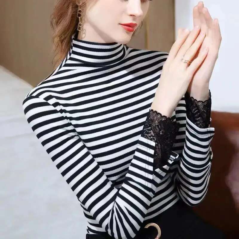 Women's Autumn And Winter New Multifunctional Fashionable Semi High Neck Long Sleeved Solid Color Plush Striped Pullover Shirt Designer T-shirt
