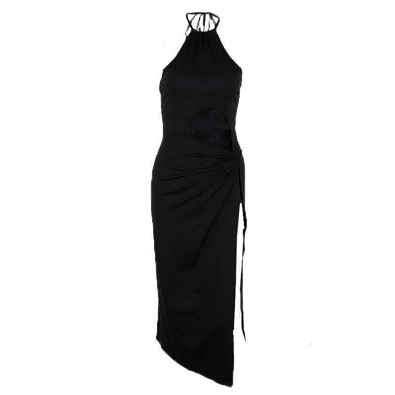 Hot selg 2025 European and American autumn product, sexy hollow out high slit hanging neck lace up dress, women's temperament versatile new trend