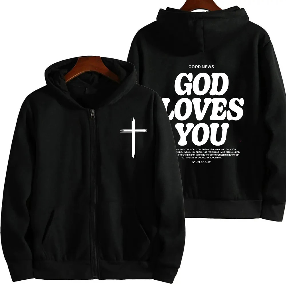 Harajuku Aesthetic Christian Jesus Hoodie Bible Verse God Loves You Hooded Hoodies Women Vintage Zip Sweatshirts Streetwear Y2K 250114