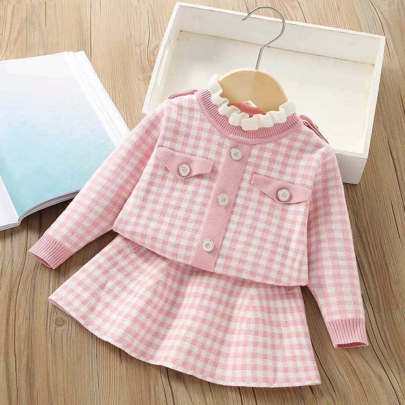 Girl's Dresses Girls' Sweater Set Autumn/Winter New Style Baby Girl's Checkered Small Fragrant Knitted Two Piece Skirt