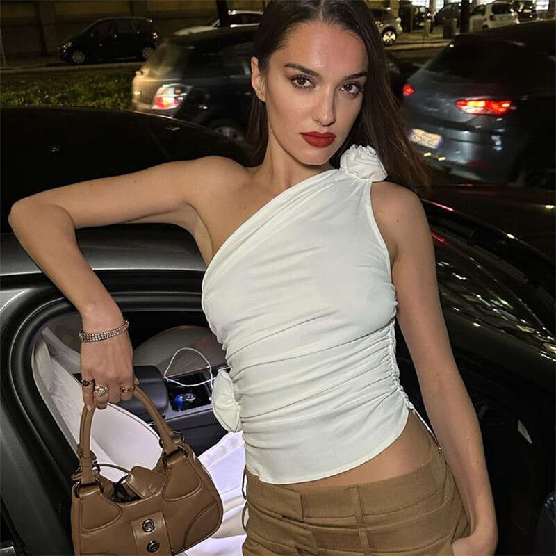 Europe and America 2025 Spring Product Sexy Spicy Girl Slant Shoulder Wrinkle Drawstring Waist Slimming Tank Top with Versatile Style New Trendy Cloth
