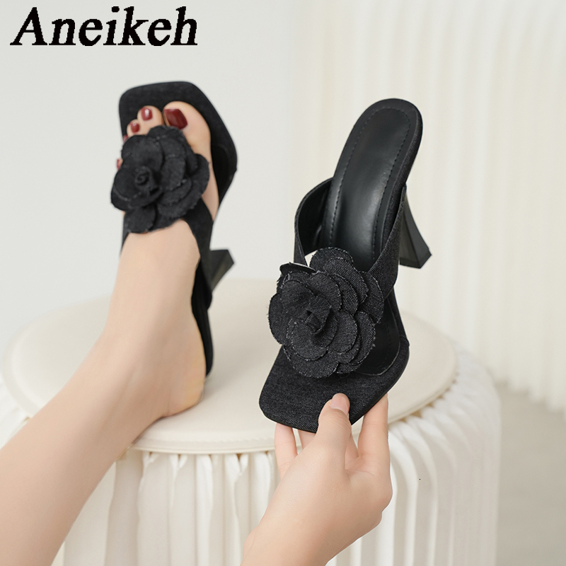 Aneikeh New Denim Wers Clip Style High Heels Sandals Summer Square Toe Slip On Fashion Designer Ladies Shoes Size 35-42