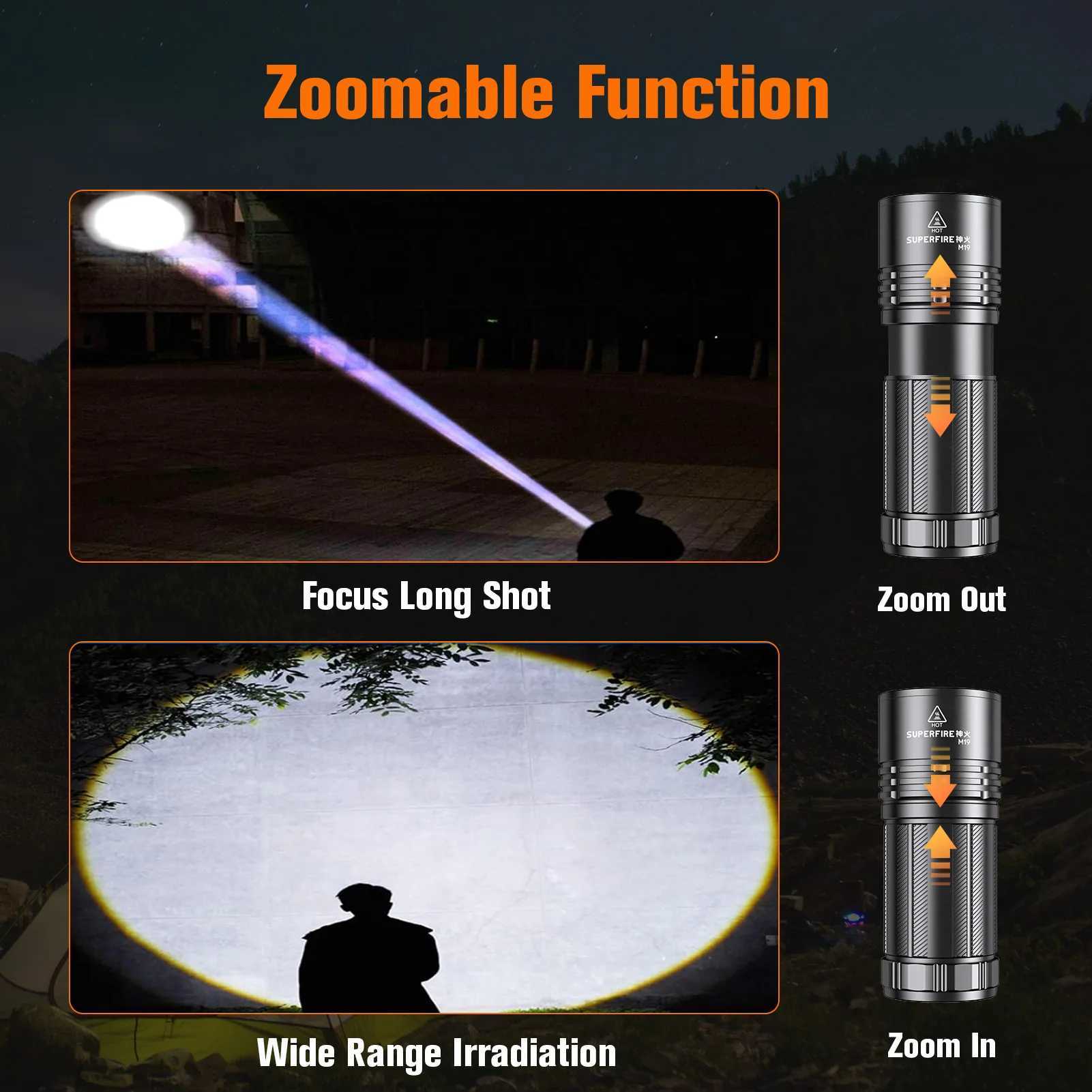 SUPERFIRE M9 20W LED flashlight 750lm with tail light zoom C-type rechargeable flashlight built-in 4500mAh battery camping lightW241227