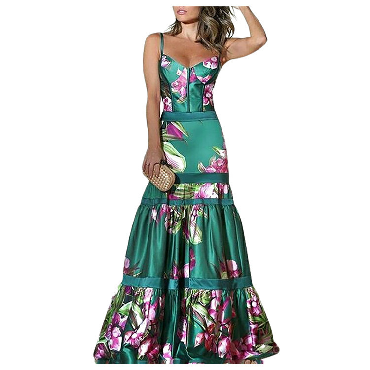 Women Dress Ruffles Lantern Sleeve V-neck Print Dresses Plus Size Long Vintage Sexy Printing Fashion 210513