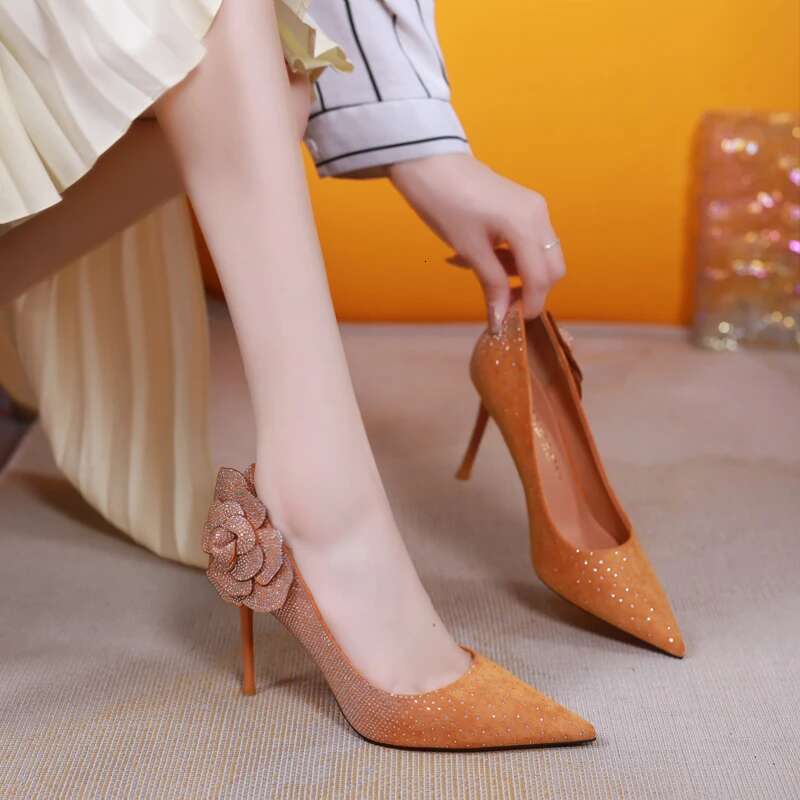 High Heels Rhie Wedding Shoes Bride Elegant Woman Heeled Dress Rose Pointed Toe Stiletto Pumps Orange Womens Loafer