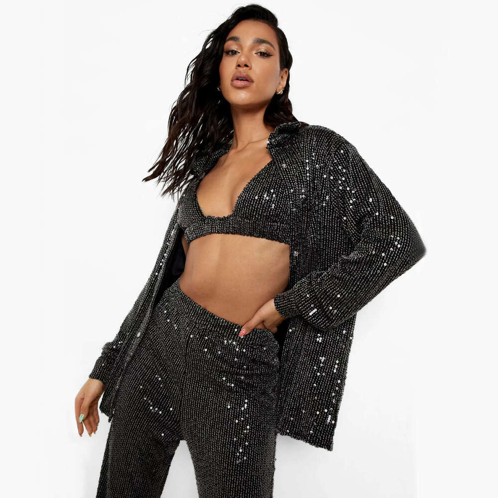 Spring summer women's hot selg in Europe and America, solid color sequin suit, shirt, underwear, straight leg pants, 2025 new casual fashion tren