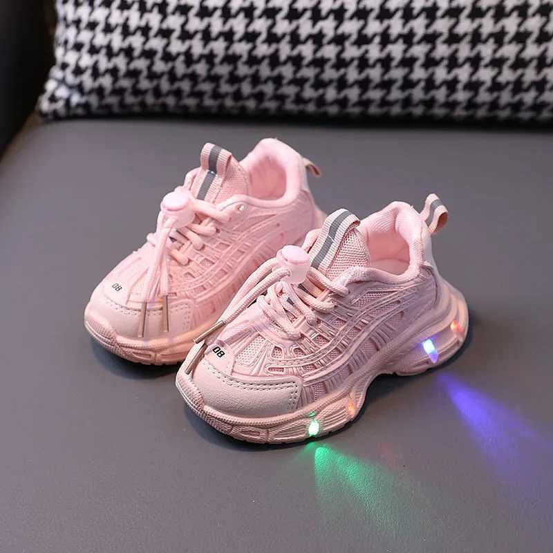 Light Girl Pink Childrens Sports Shoes 1-6 Years Old Baby Boy tennis Shoes 2023 Autumn New Kids Casual Shoes LED Sole G09142XJ250118