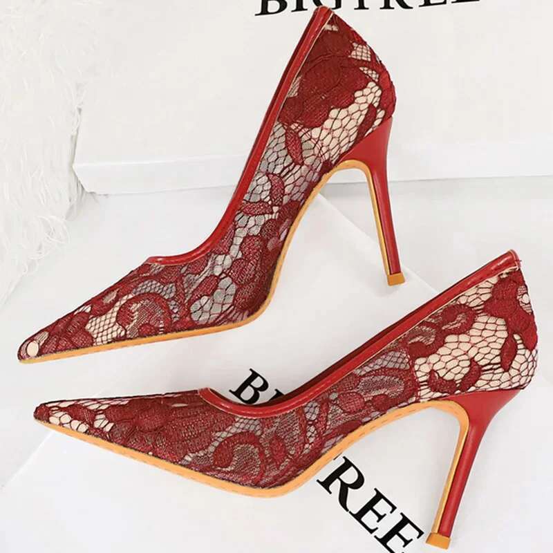 Summer Women Sexy 9.5Cm High Heels Mesh Sandals Bury Pumps Lady Lace Breathable Scarpins Office Party Stripper Fetish Shoes