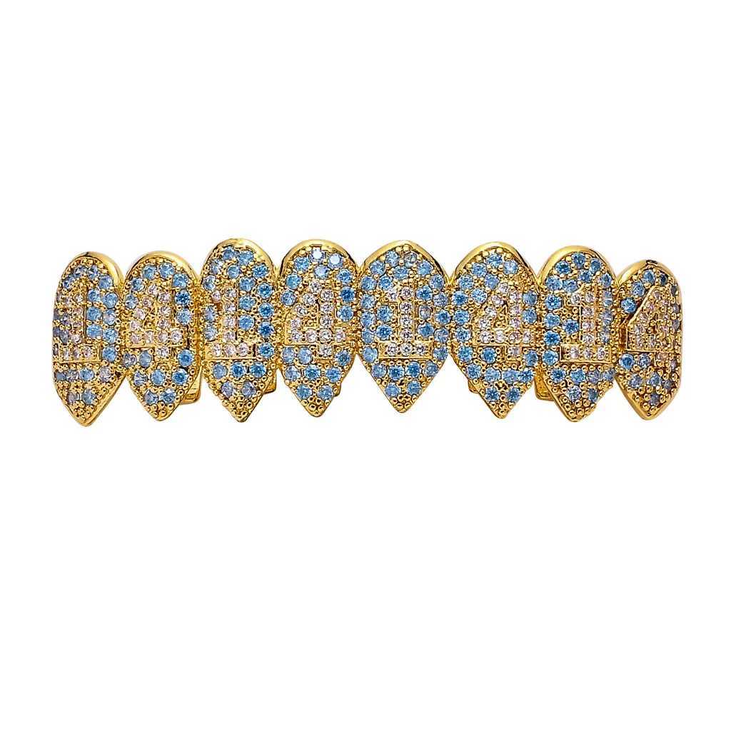 Hip Hop Blue Stones Iced Out CZ Teeth Grillz Caps Cubic Zircon Iced Out Micro Pave Top Bottom Charm Grills For Men Women JewelryXJ250114
