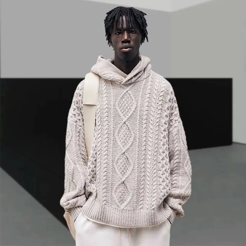 Street Harajuku Casual Hoodie Twist Knitted Sweater Men Autumn and Winter Men Women Hip Hop Long Sleeved Pullover Clothes 250110