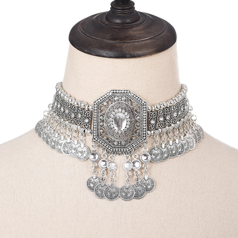 Ethnic Declaration Womens necklace Bohemian retro hollow geometric crystal rhinestone beads coin tassel jewelry 250109