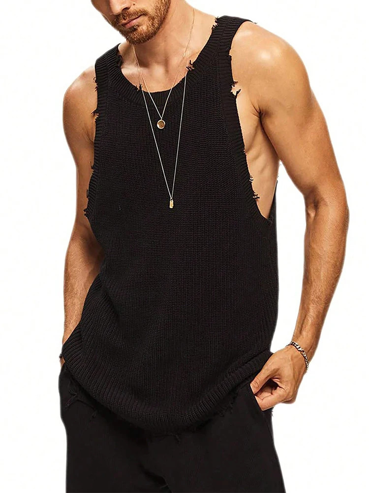 Hip Hop O Neck Straps Ripped Tank Tops Men Streetwear Fashion Solid Color Slim Vest Mens Summer Trendy Sleeveless Camisoles 250108