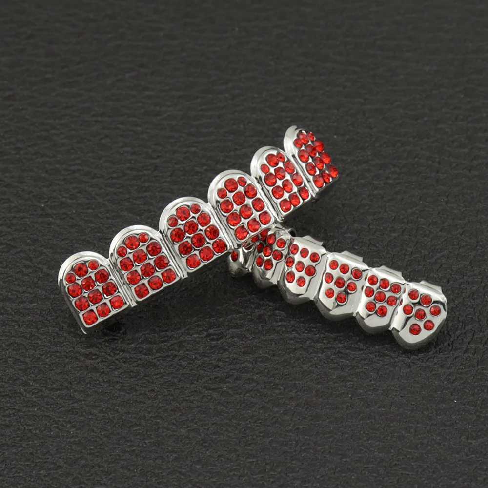 HIP HOP Red Color CZ Stones Teeth Grillz Caps Cubic Zircon Iced Out Micro Pave Top Bottom Charm Grills Set For Men Women JewelryXJ250114