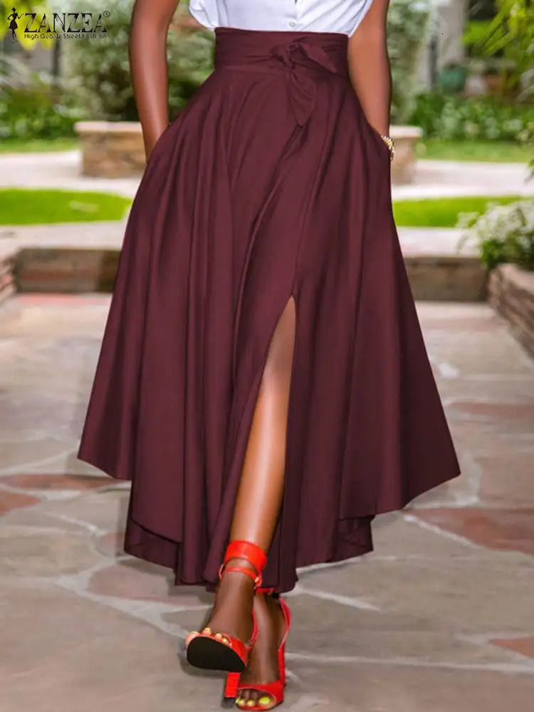 ZANZEA Summer Women Party Split Sundress Stylish Irregular Skirts High Waist Maxi Vestidos Solid Robe Saia Holiday Faldas 250108