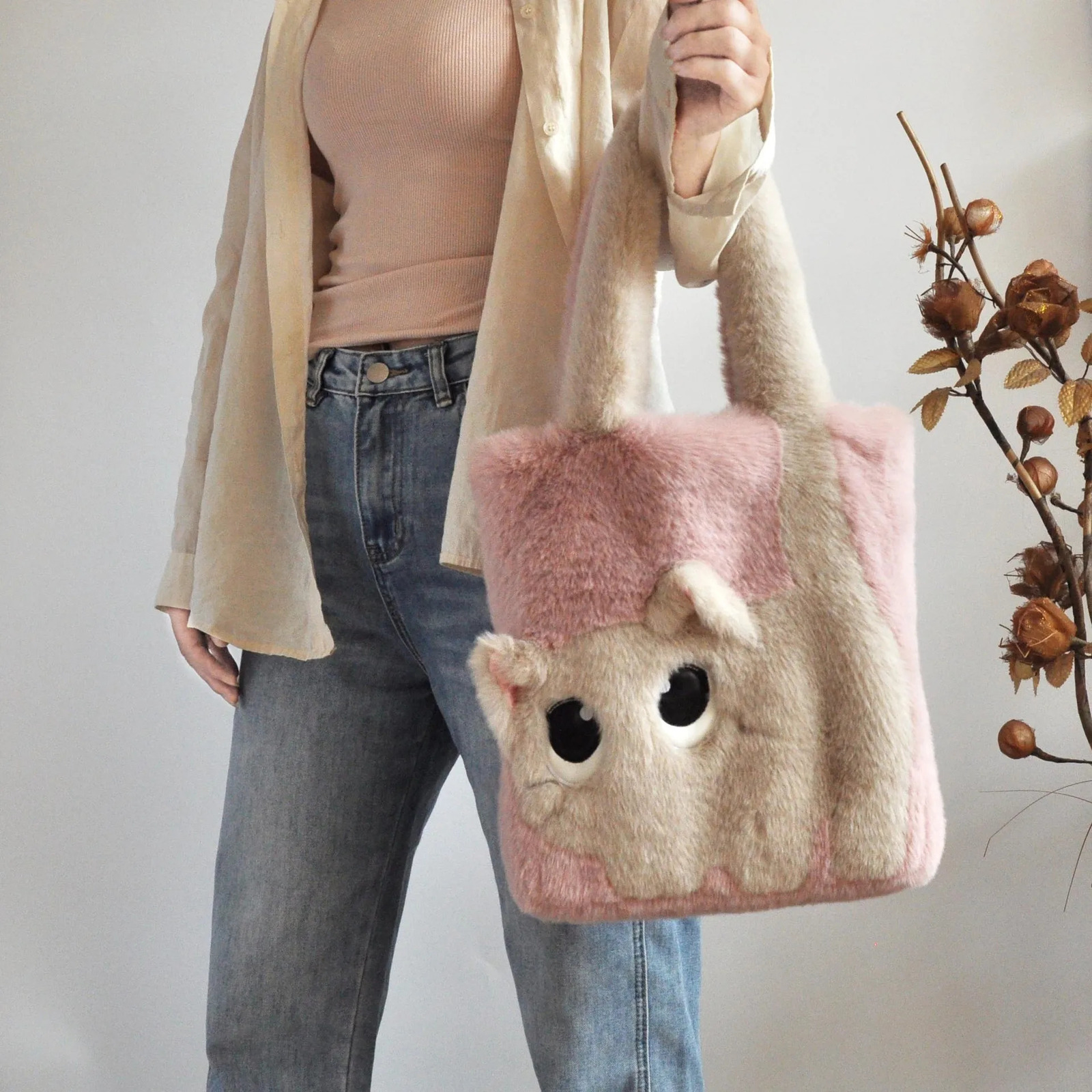 Winter Plush Bag For Women Large Capacity Creative Cat Cartoon Contrasting Color Stitching Embroidered Tote Bag Handbag 250113