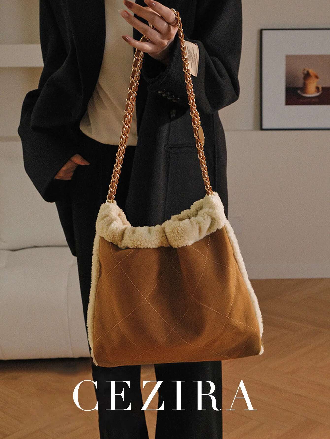 Winter Women's Fashion Large Casual Shoulder Bag Faux Plush Quilted Argyle Thread Chain Strap Handbag Commuting Travel