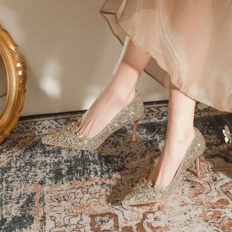Gold Wedding Women's 2024 New Bride Dress Shoes Fashion Sequin Crystal High Heels