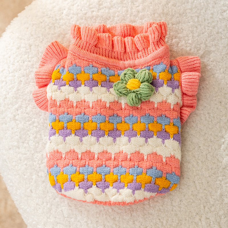 Dog Sweater 3D Small Flower Color Dog Teddy Pet Clothes Autumn and Winter Warm Knitted Sweater Small and Medium Sized