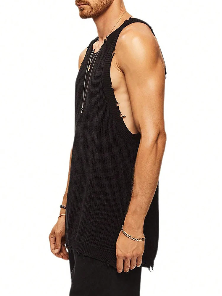 Hip Hop O Neck Straps Ripped Tank Tops Men Streetwear Fashion Solid Color Slim Vest Mens Summer Trendy Sleeveless Camisoles 250108