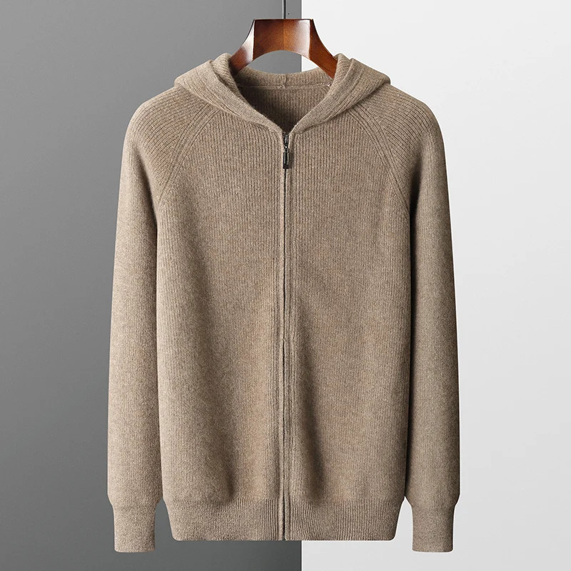 Mens Hooded Cardigan Autumn and Winter Thickened Knit Large-size Jacket 100% Merino Wool Casual Long Sleeved Sportswear Coat 250113