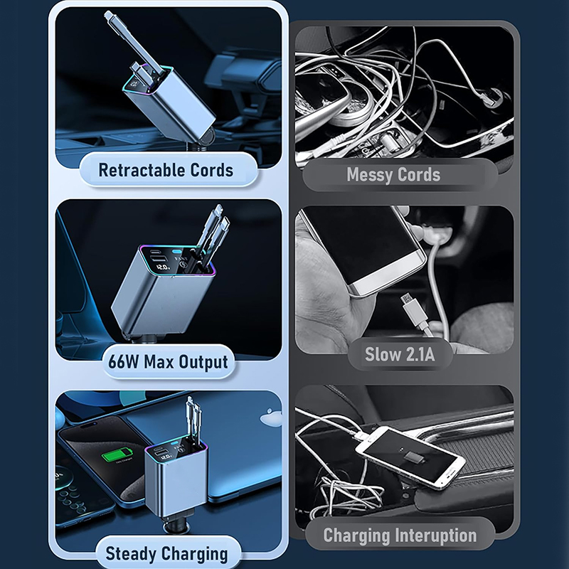 4-Port Retractable Car Charger - 144W Dual Type-C & USB A, Compatible with iPhone 16 Pro/16/15 Pro, Samsung Galaxy, Android Devices