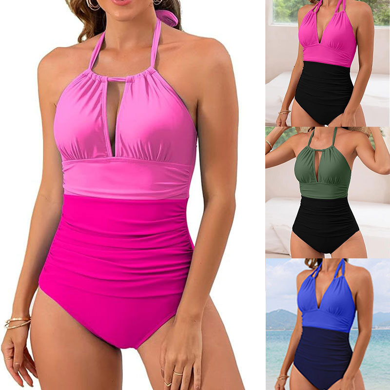 tracksuit New Sexy Contrast Colored Panel Hanging Neck One Piece Women's Bikini Swimsuit