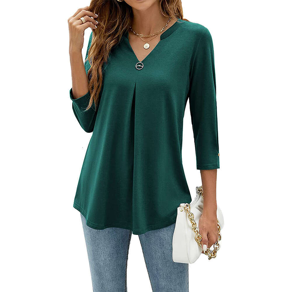2025 autumn winter popular 3/4 sleeve V-neck nail buckle pleated T-shirt top, women's new style, chic and elegant clothing