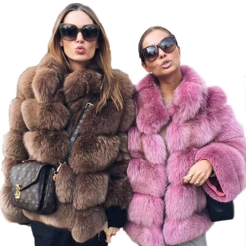 Women Faux Fur Fox Short Coat Jackets Autumn Winter Jacket Furry Outerwear Elegant Splice Thick Warm Coffe Coats