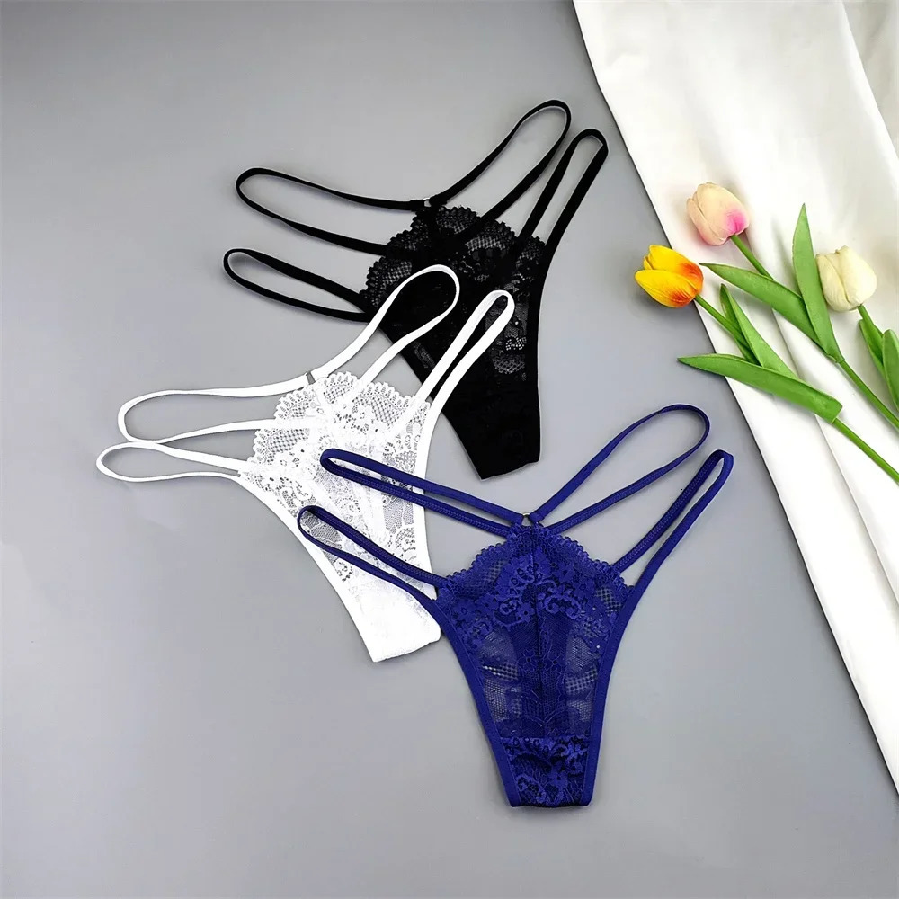 3 Pcs Lace Thin Strap Thong Women Low Waist Sexy Perspective Underwear Ladies Transparent G-string Panty Plus Size T-back 250114