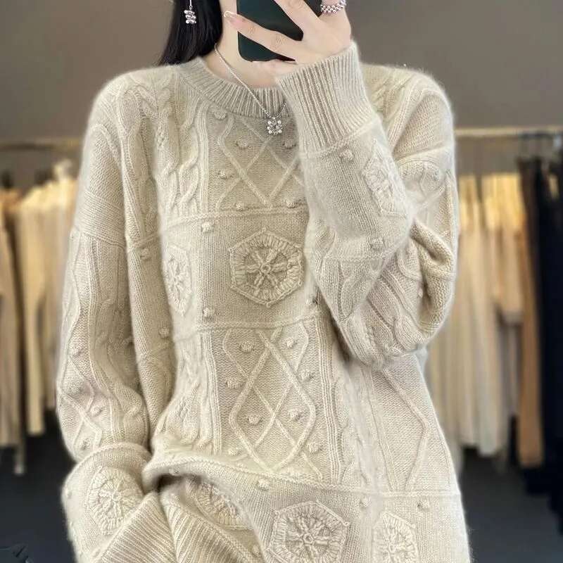 Autumn Winter New Round Neck Embroidered Knitted Women's Pullover Loose Casual All-Match Bottoming Sweater Ladies Jumpe