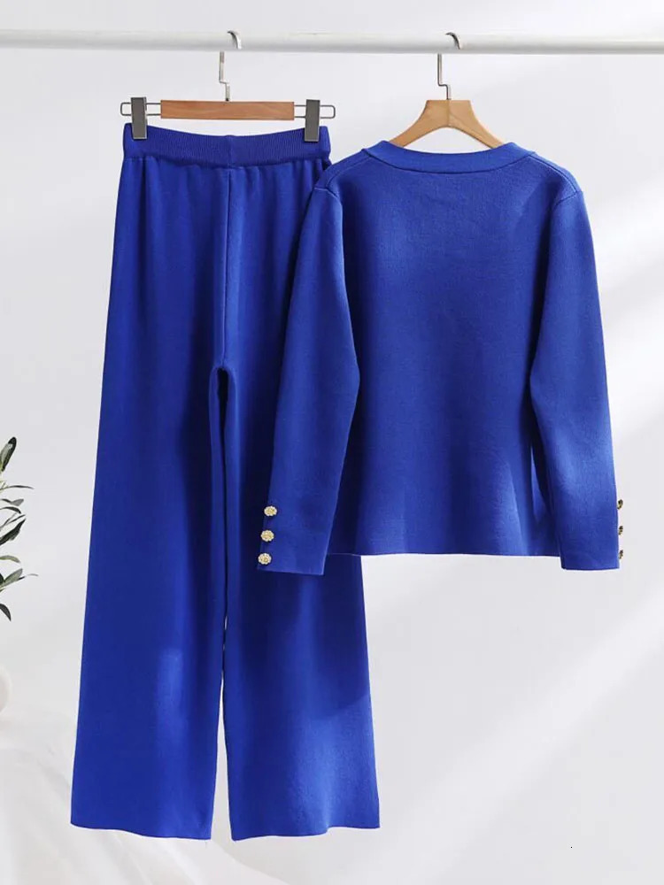 Elegant Knitted Sweater 2 Piece Set Loose Single Breasted Cardigan Tops Conjuntos High Waist Ankle Length Pants Tracksuit 250109
