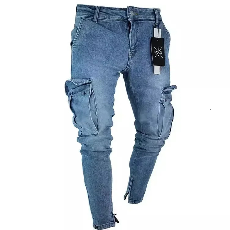 Stretch Mens Jeans Fashion Knee Ripped Zipper Skinny Trousers Denim Pants High Waist Side Pockets 250116