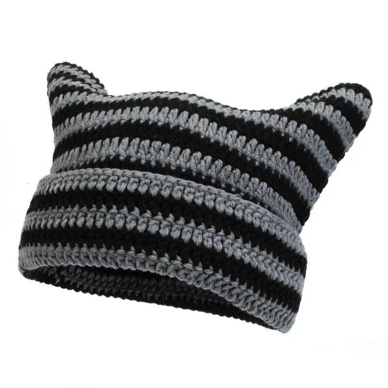 Japanese Streetwear Harajuku Beanie Little Devil Striped Knitted Hat Women Girls Autumn Winter Cute Cat Ears Cap 250118