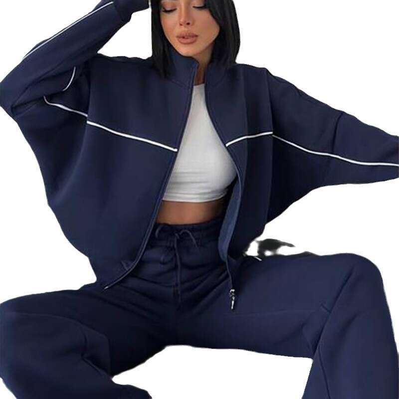 2025 European and American Set Long Sleeve Half High Collar Cardigan Sweatshirt Strap Striped Pants New Casual Versatile Fashion Clothing