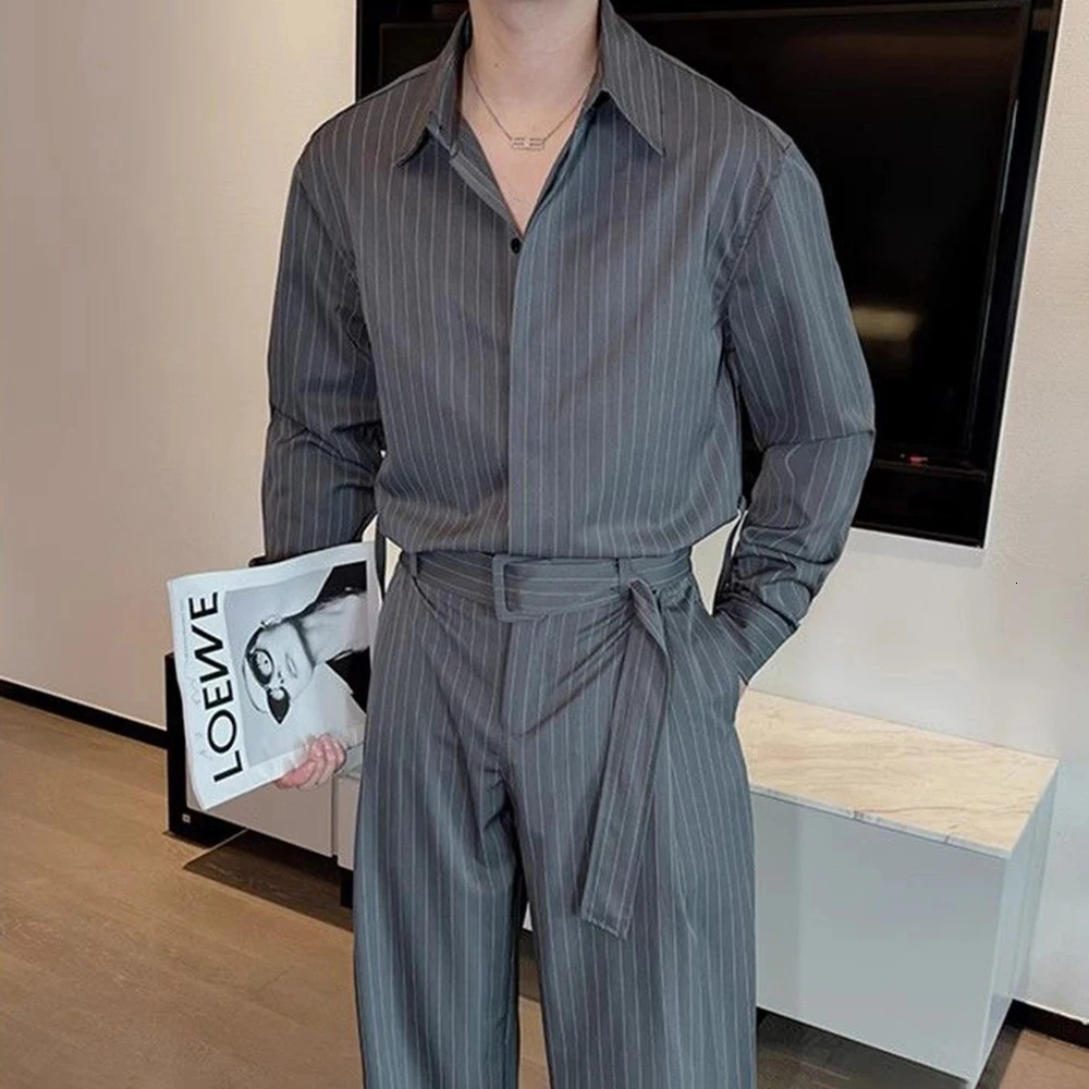 Mens Suit Vertical Stripes Long Sleeved Shirt Waist Belt Vintage Style Autumn Trend Fitting Straight Leg Pants Two-Piece Set 250109