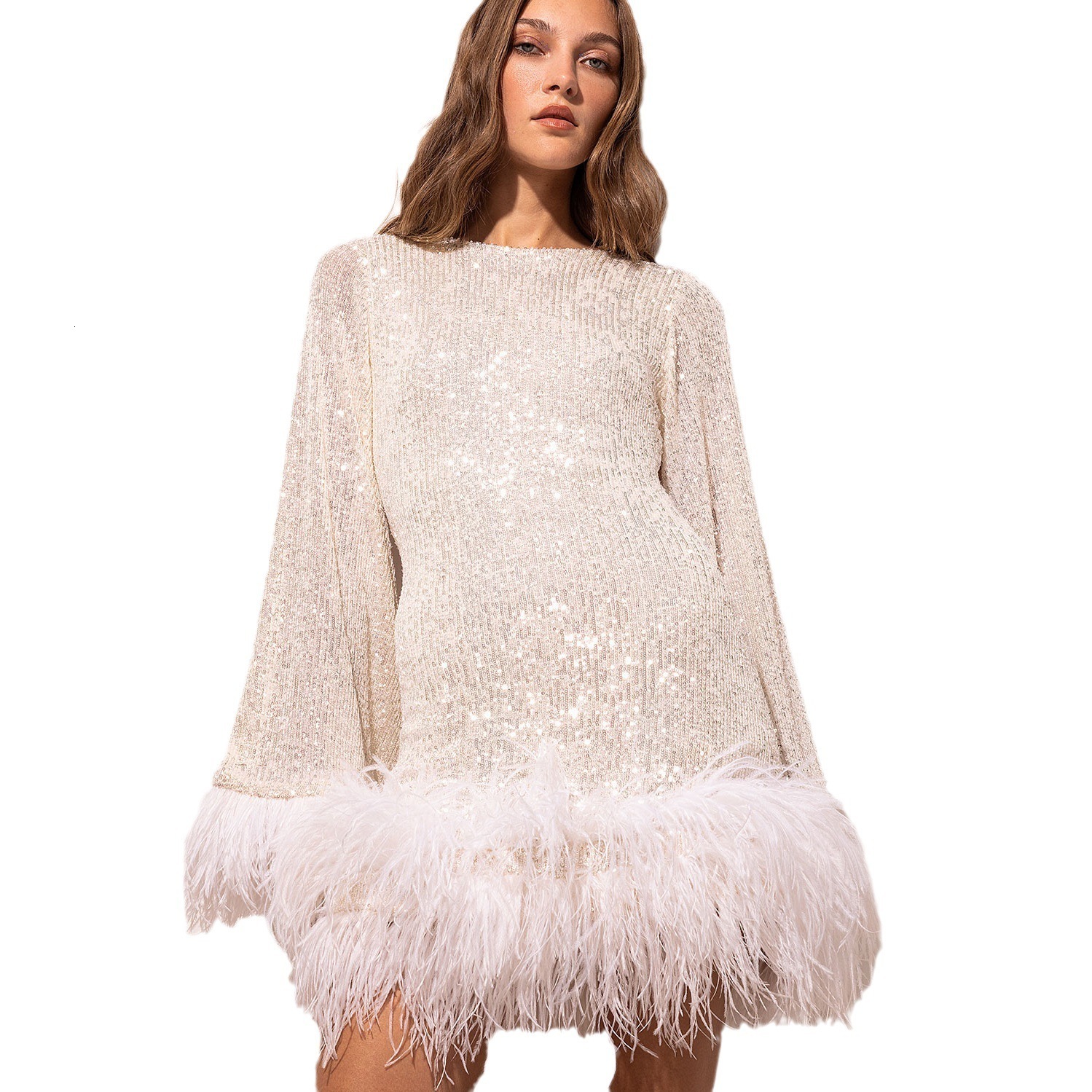 Autumn new womens waist collection sexy short skirt dress with large backless long sleeved sequin feather dress 230710