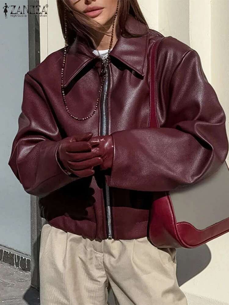 ZANZEA American Retro Women's PU Leather Jackets 2025 Trend Loose Casual Long Sleeve Zip-Up Coats Streetwear Solid Outerwear