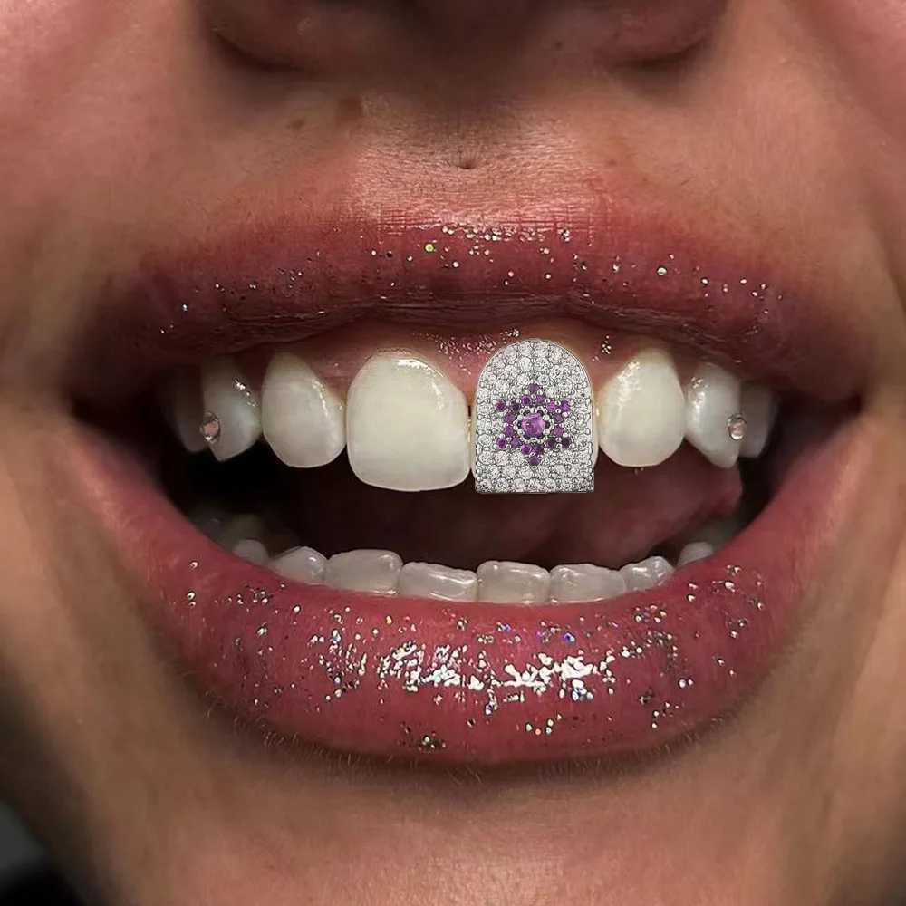 RACHELZ Hip Hop Single Purple Sun Zircon Teeth Grillz Dental Grills Silver Color CZ Stone Tooth Caps For Women JewelryXJ250114