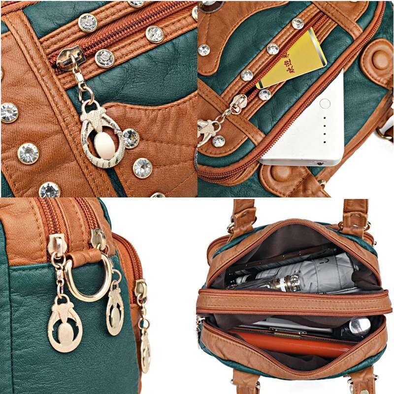 High Quality Soft Leather Multiple Pockets Women Handbags Small Female Shoulder Messenger Bags Designer Rivet Ladies Tote