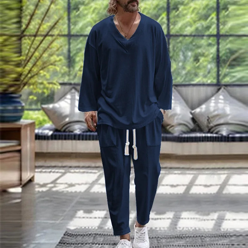 Spring/Fall trend Mens Fashion V-neck shirt Casual comfortable loose high-end long sleeve pants solid color beach suit 250109