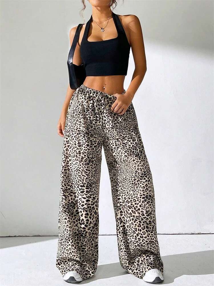 Women's Leopard Printed Long Pants Autumn Winter 2024 Vintage Drawstring Elastic Waist Loose Trousers Streetwear